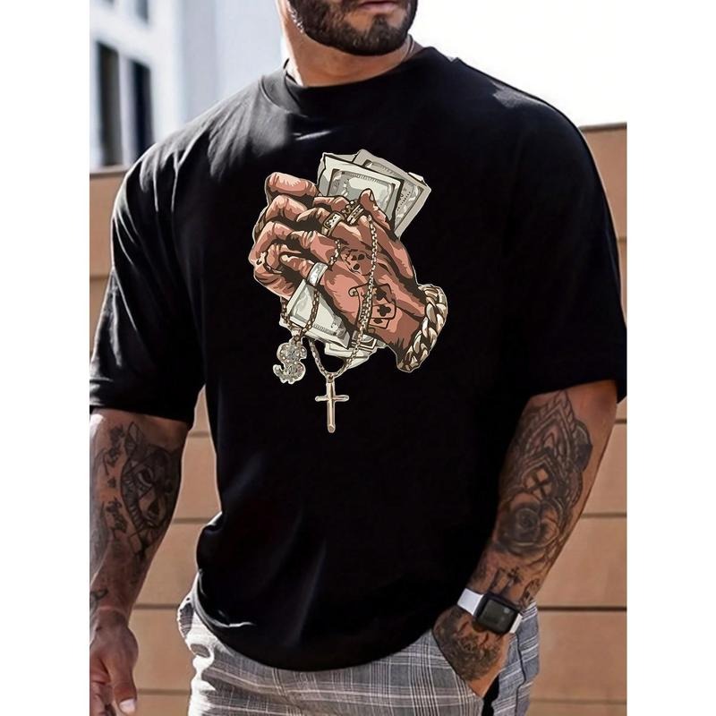 Men's Casual Summer Cross & Finger Gesture Print Short Sleeve T-Shirt Made in USA Hoodie, Sweatshirt | TeeBloomCo.com