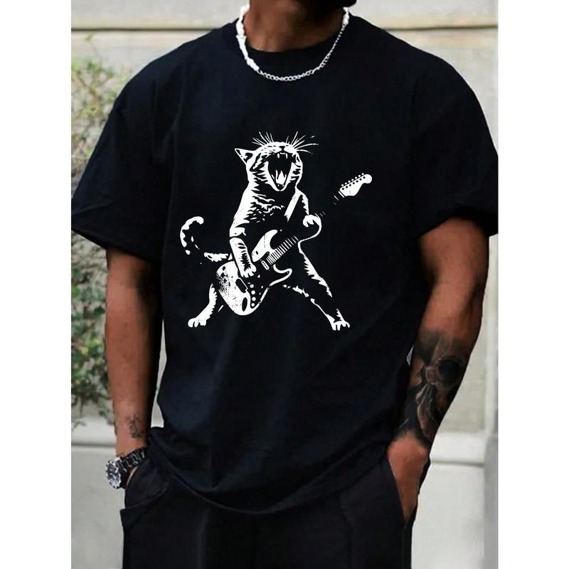 Men's Cat Playing Guitar Printed T-Shirt Made in USA Hoodie, Sweatshirt | TeeBloomCo.com