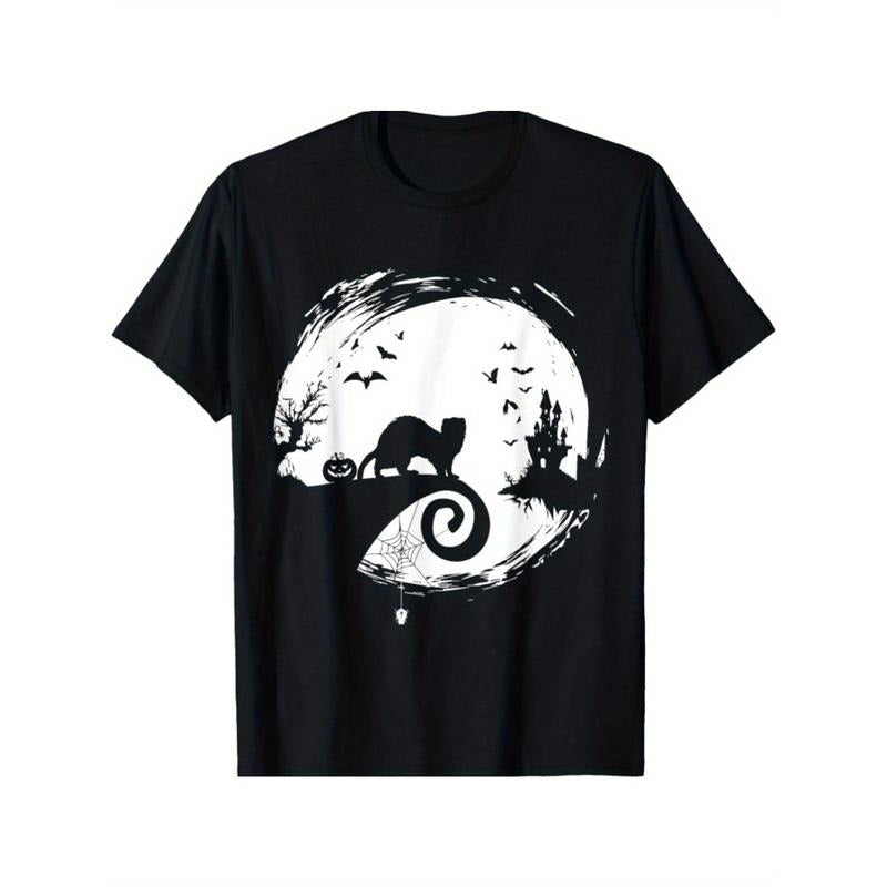 Men's Cotton Crew Neck T-Shirt with Creepy Ferret & Moon Silhouette Design