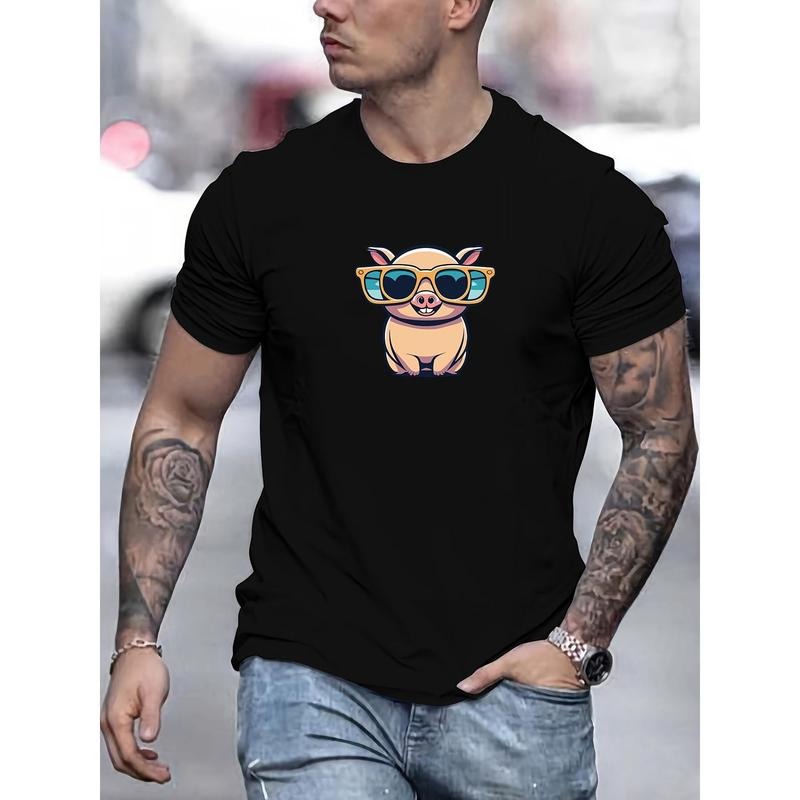 Men's Cotton Crew Neck T-Shirt with Glasses Pig Print