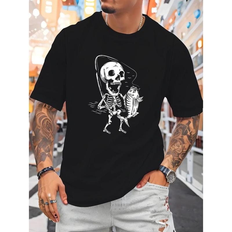 Men's Cotton T-Shirt, Casual Round Neck, Trendy Skeleton Fishing Graphic, Short Sleeve, Regular Fit, Summer Top,...