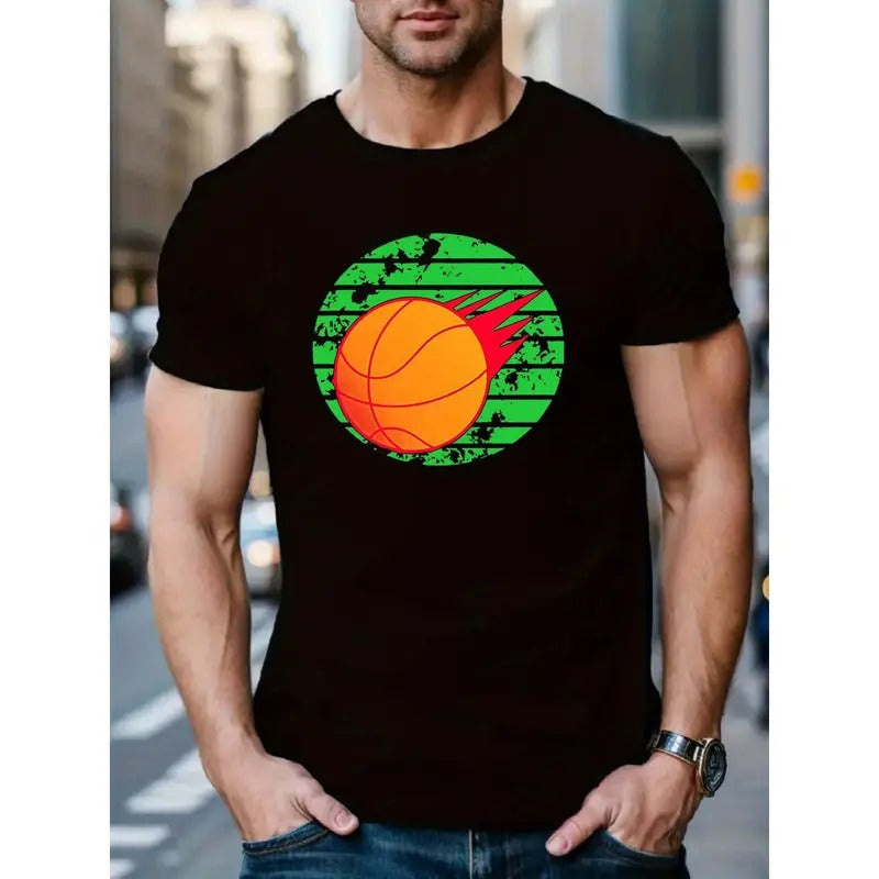 Men's Creative Basketball Graphic Crew Neck T-Shirt, Casual Style Knit Fabric Shirt with Slight Stretch, Regular Fit...