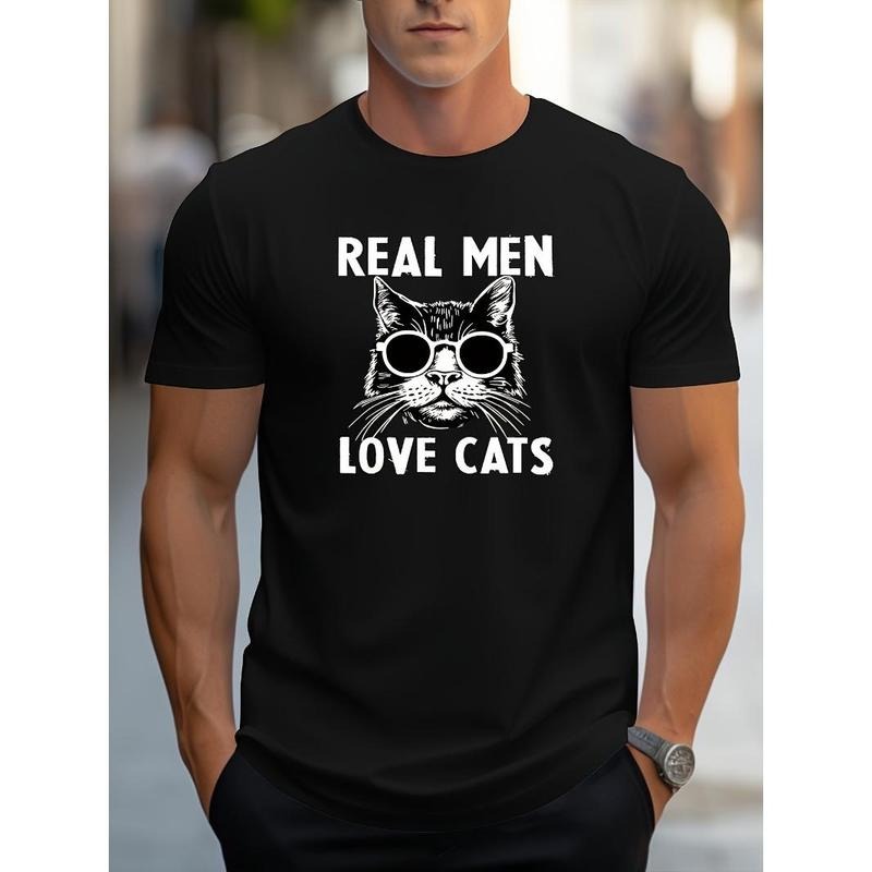 Men's Creative Graphic Print Top, Real Man Love Cats Casual Short Sleeve Crew Neck T-shirt for Summer Outdoor Made in USA...