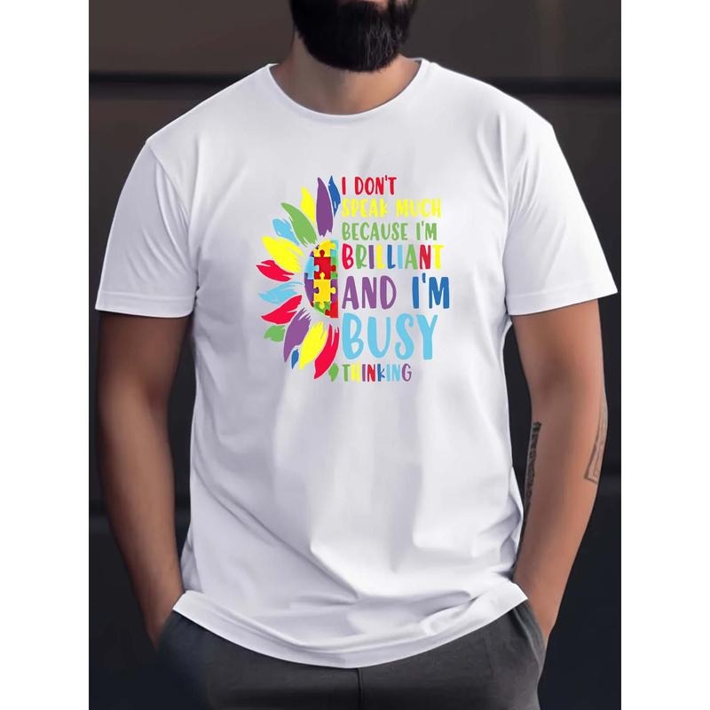 Men's Creative Short Sleeve T-Shirt with Inspirational Quote Graphic, Polyester Knit Fabric, Casual Crew Neck Tee with...
