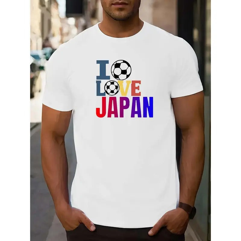Men's Crew Neck T-Shirt with "I Love Japan" Soccer Ball Graphic, Casual Knit Fabric Top with Slight Stretch and Regular...