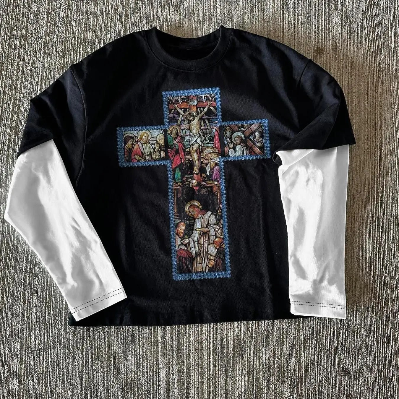 Men's Cross & Figure Print 2-IN-1 Long Sleeve Tee, Street Retro Round Neck T-Shirt for Daily Wear, Casual Comfy Top for...