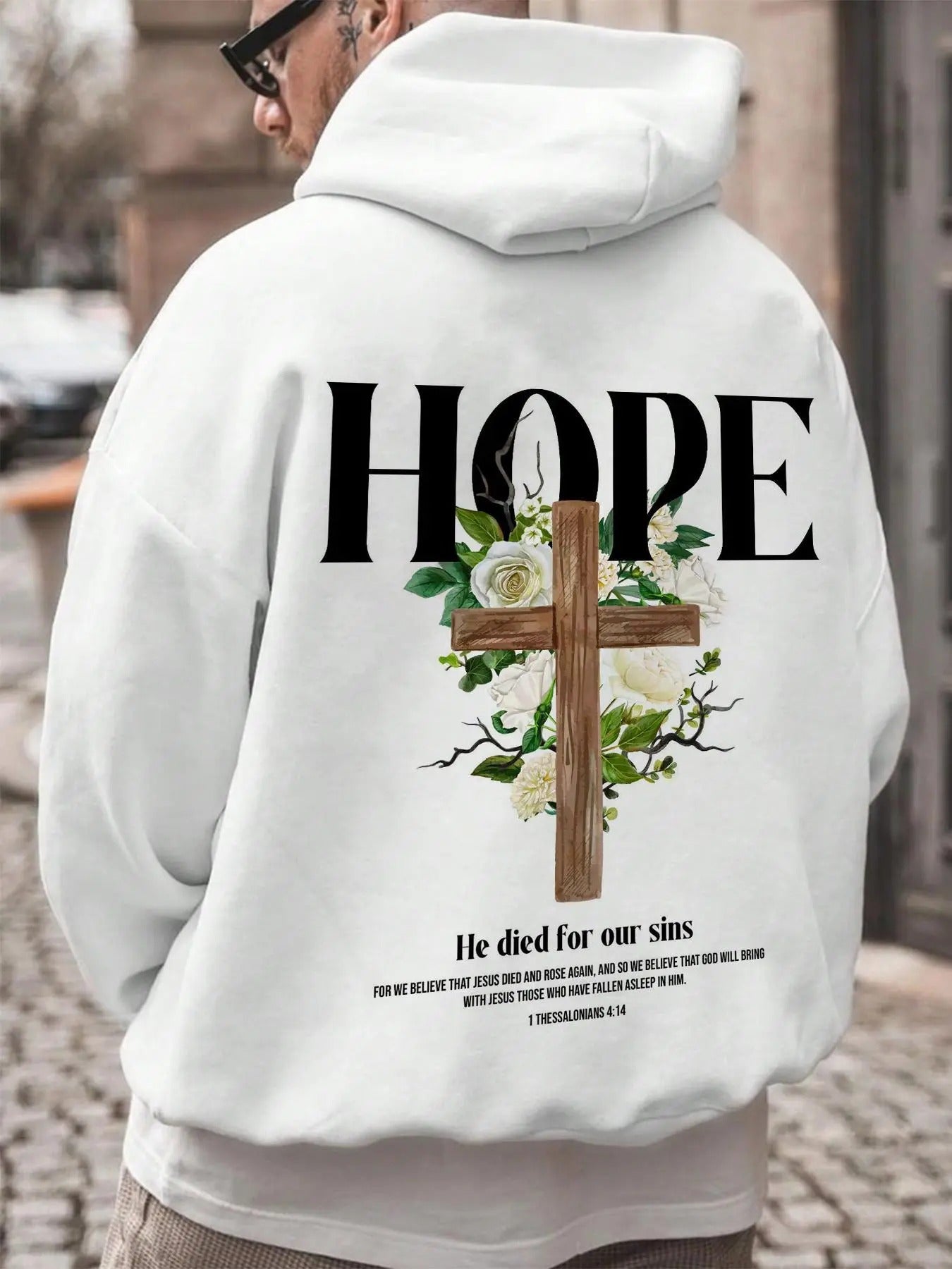 Men's Cross & Floral & Letter Print Drop Shoulder Hoodie, Fashion Casual Regular Fit Drawstring Pocket Hooded Sweatshirt...