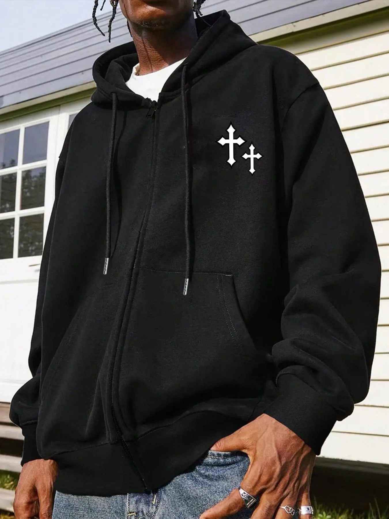 Men's Cross Print Drop Shoulder Zip Up Thermal Lined Hoodie, Casual Regular Fit Drawstring Pocket Hooded Sweatshirt for...
