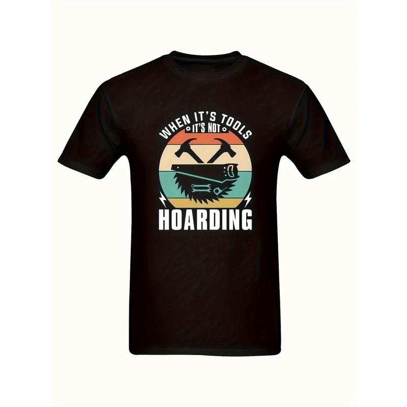 Men's DIY Enthusiast Black Cotton T-Shirt - 'WHEN IT'S TOOLS, IT'S NOT HOARDING' Slogan With Retro Hammer And Scissors Icon