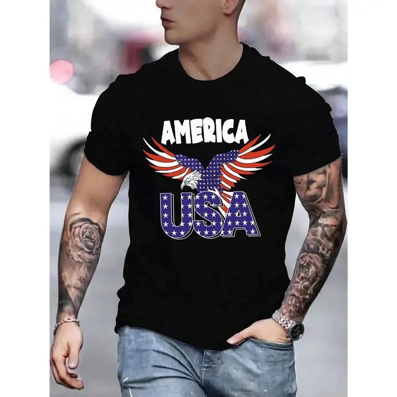 Men's Eagle And Letter Printed Short Sleeve T-Shirt made in usa Hoodie, Sweatshirt | TeeBloomCo.com
