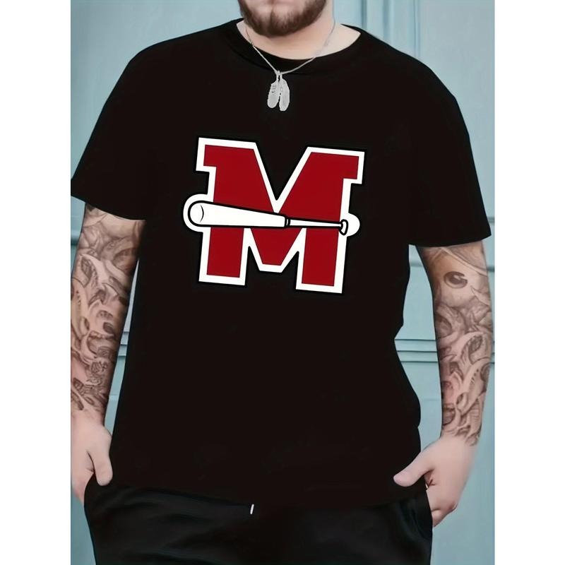 Men's Fashion T-shirt With Letter "M" And Baseball Bat Graphic Print, Pure Cotton Round Neck Short Sleeves, Comfortable...