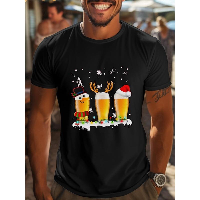 Men's Festive Christmas Beer Print T-Shirt - Casual Short Sleeve, Crew Neck, Polyester Blend, Machine Washable