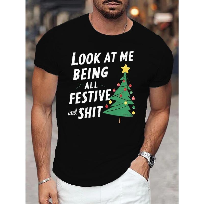 Men's Festive Christmas Print T-Shirt, Casual Short Sleeve Tee, Round Neck, Stretch Knit Fabric, Summer Top, Regular Fit...
