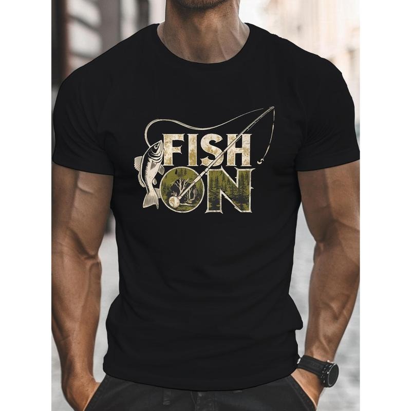 Men's Fishing Illustration Fish On Print T-shirt, Casual Short Sleeve Slight Stretch Crew Neck Tees For Summer Made in...