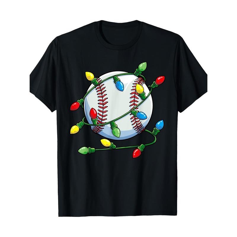 Men's Funny Christmas Baseball & Xmas Lights Print T-Shirt