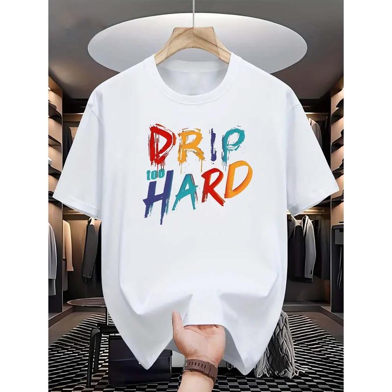 Men's Graphic T-Shirt "Drip Too Hard" Lettering, Colorful Print Casual Crew Neck Tee, Polyester Knit Fabric, Regular Fit...