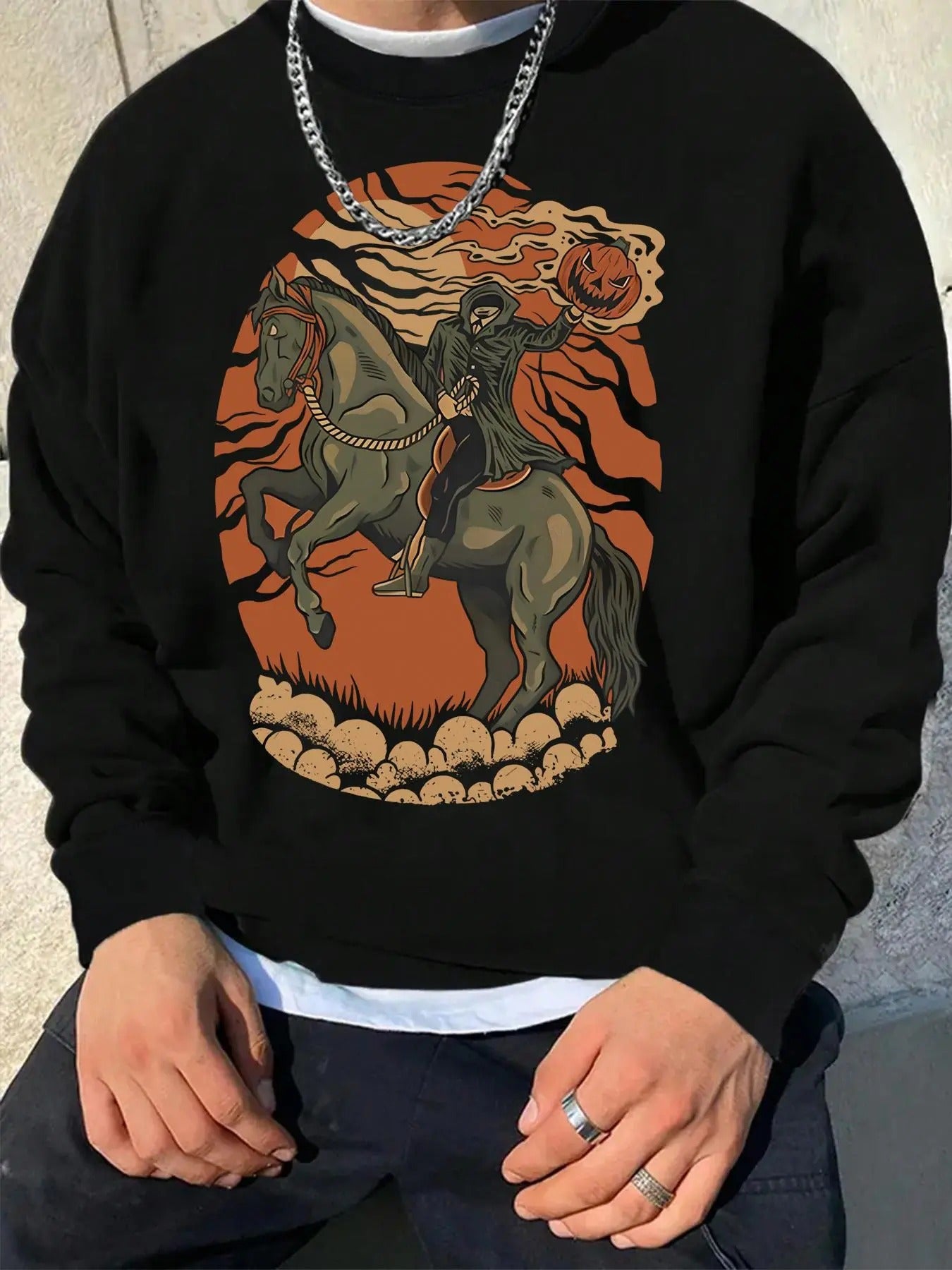 Men's Halloween Cartoon Horse & Pumpkin Print Drop Shoulder Thermal Lined Sweatshirt, Casual Regular Fit Long Sleeve...