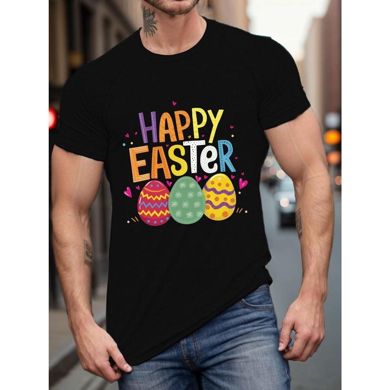 Men's Happy Easter T-Shirt, 100% Polyester Crew Neck Casual Tee, Geometric Pattern Short Sleeve Knit Fabric Top for...
