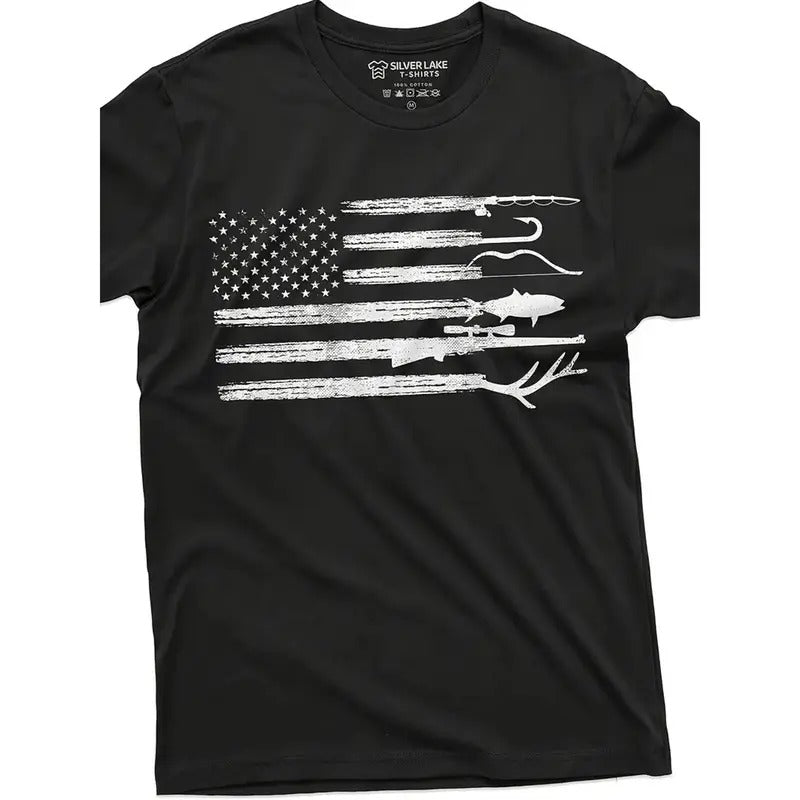 Men's Hunting and Fishing Shirt, American Flag, Natural Camouflage Shirt, Father's Gift, Creative Patriotic T-shirt Made...