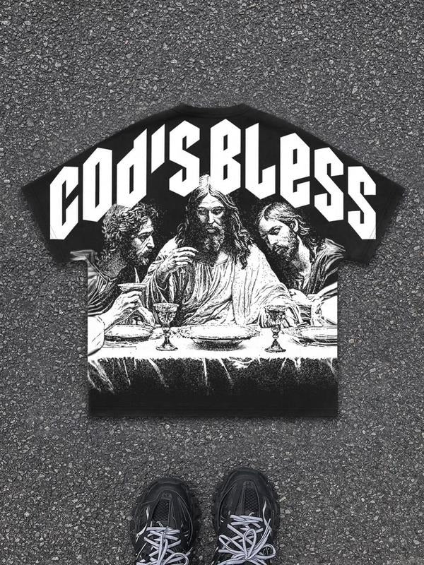 Men's Jesus Print Round Neck Graphic Tee, Regular Fit Casual Short Sleeve T-shirt for Summer, Men's Top for Daily Wear,...