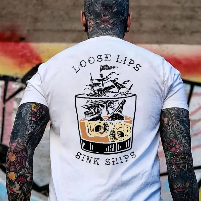 Men's LOOSE LIPS SINK SHIPS Skulls Ship in the Water Back Side Print Unisex T-shirt Sweatshirt Hoodie, Naughty Clothes...