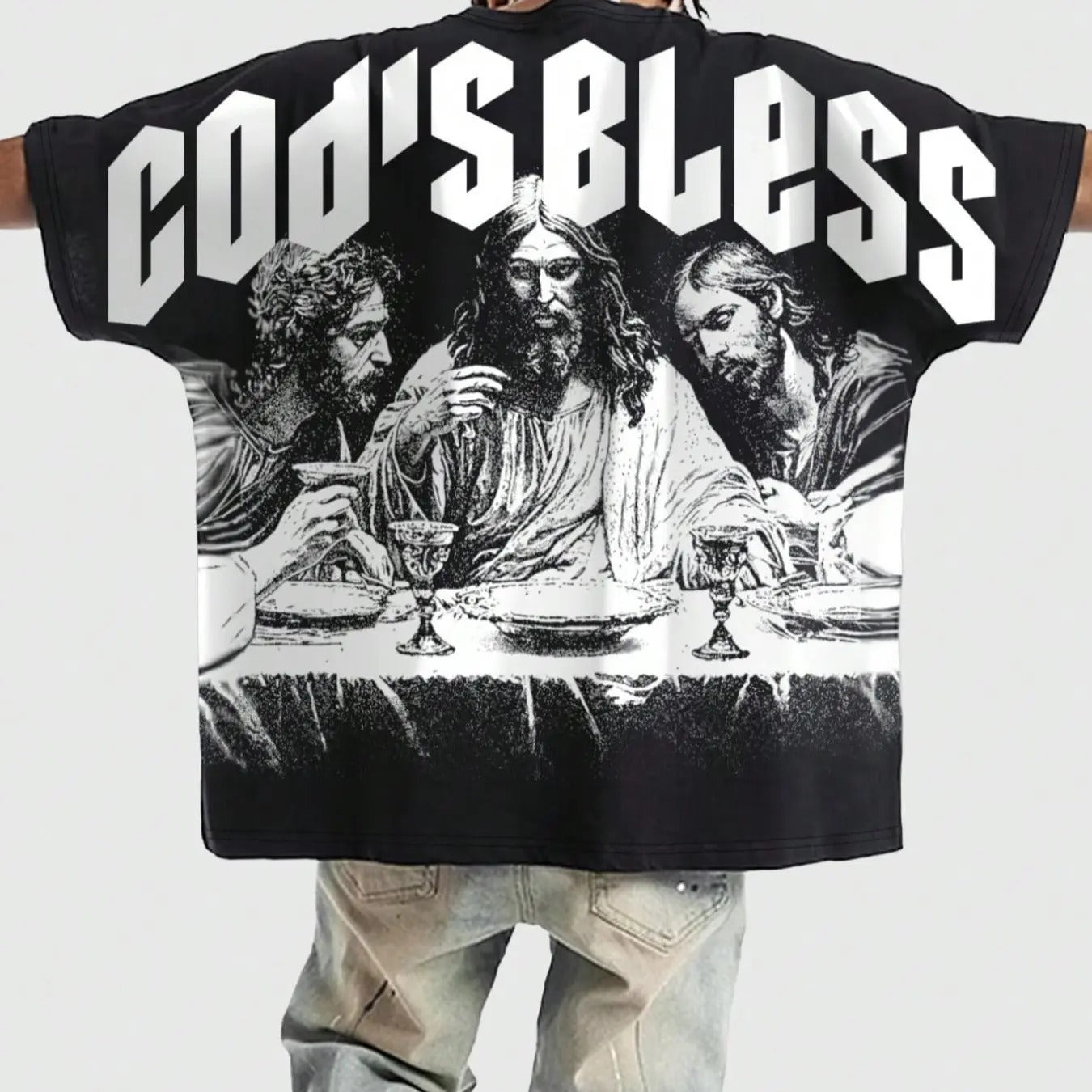 Men's Letter & Jesus Print Round Neck Tee, Regular Fit Vintage Street Fashion Casual Short Sleeve T-shirt for Daily Wear,...