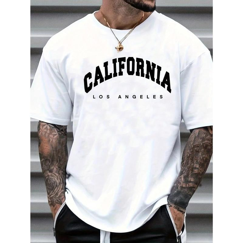 Men's Letter Print Round Neck Short Sleeve T-Shirt made in usa Hoodie, Sweatshirt | TeeBloomCo.com