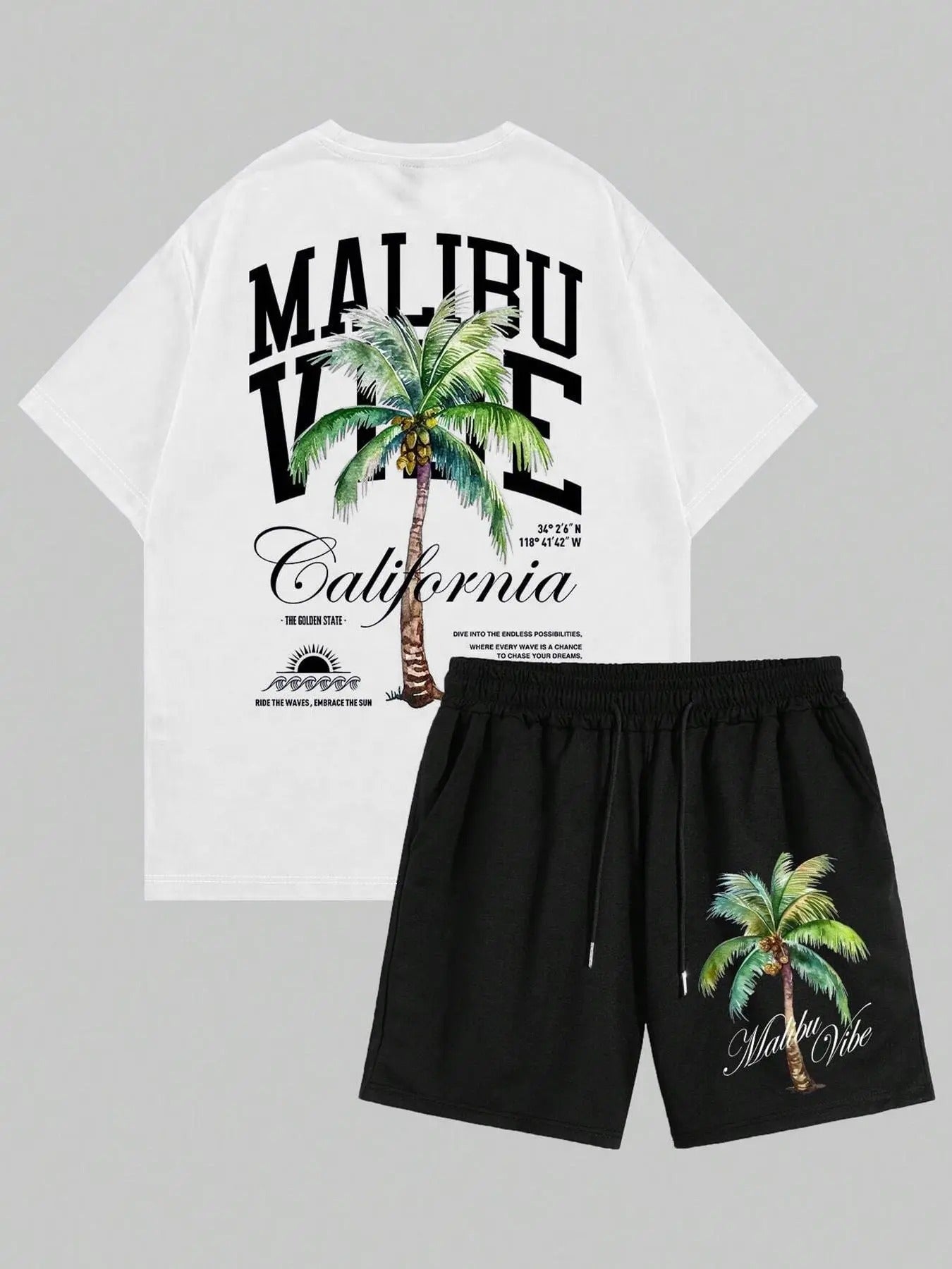 Men's Palm Tree Print Short Sleeve Tee & Shorts Two-piece Set, Regular Fit Round Neck T-shirt & Shorts, Casual Summer...