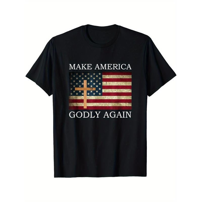 Men's Patriotic American Flag & Cross Jesus Graphic Tee - Casual Cotton Hooded T-Shirt, Machine Washable made in usa...