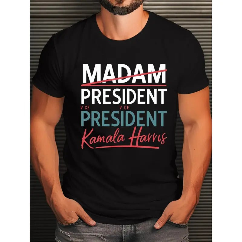 Men's Pattern T-Shirt - Casual Crew Neck T-Shirt with President's Wife Pattern, Slight Stretch Knitted Fabric, Geometric...