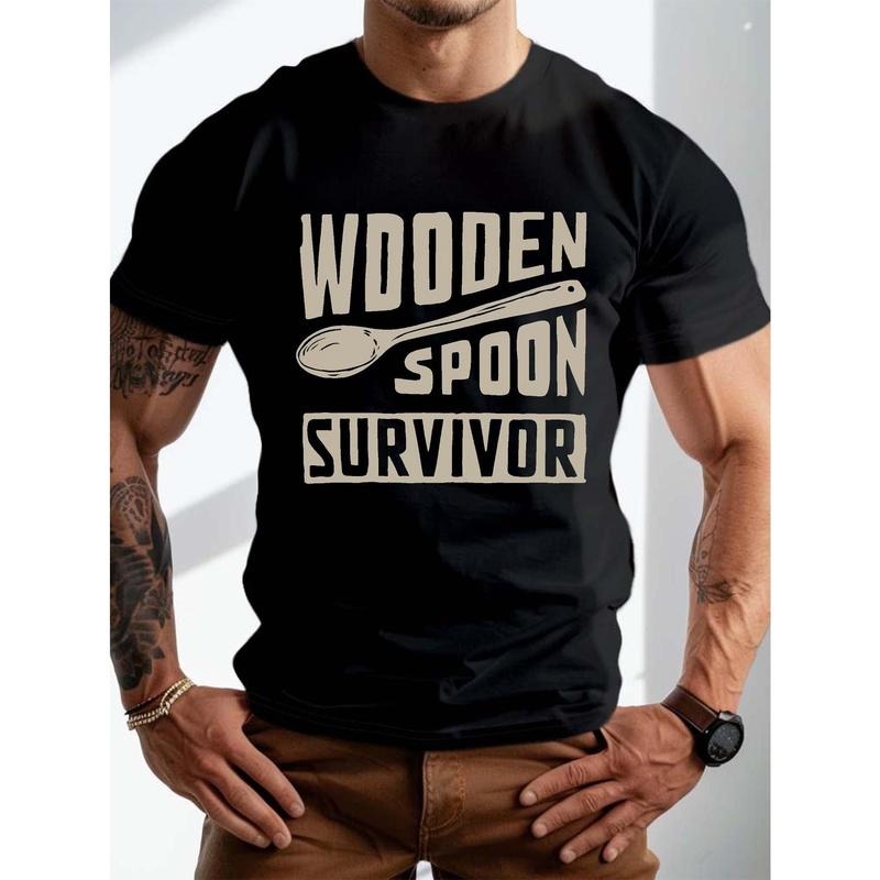 Men's Plus Size Casual T-Shirt With "Wooden Spoon Survivor" Graphic Print, Short Sleeve Crew Neck Summer Trendy Top For...