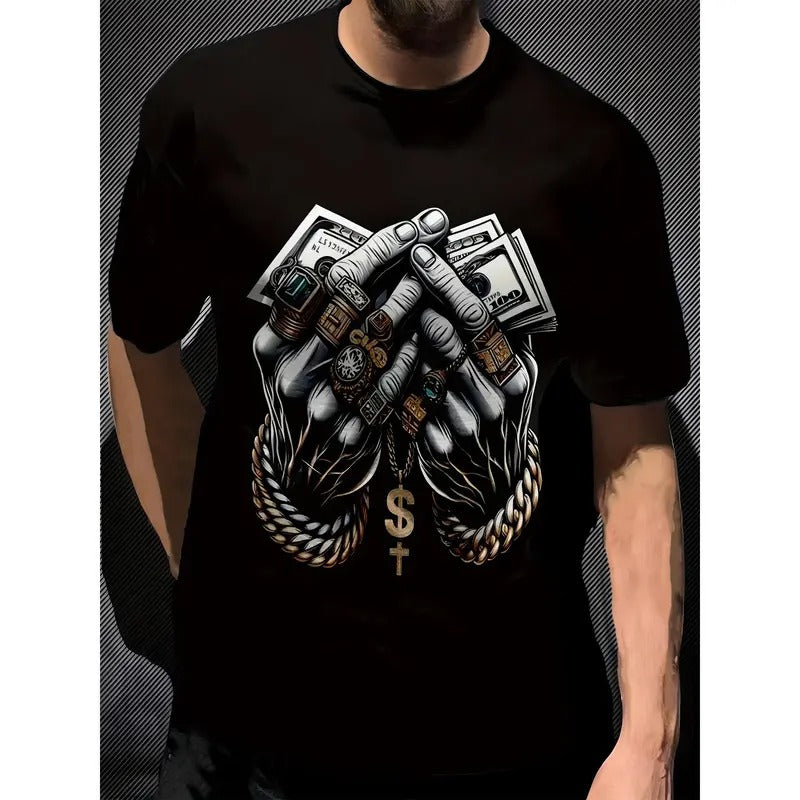 Men's Polyester 3D Digital Print T-Shirt with Dollar and Rings Graphic, Crew Neck, Slight Stretch, Casual Knit Fabric Tee...