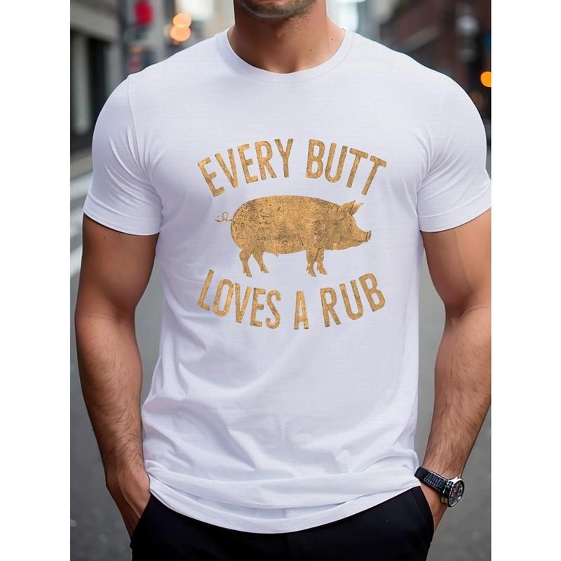 Men's Polyester Crew Neck T-Shirt with EVERY BUTT LOVES A RUB Pig Graphic, Casual Summer Knit Fabric Tee with Slight Stretch