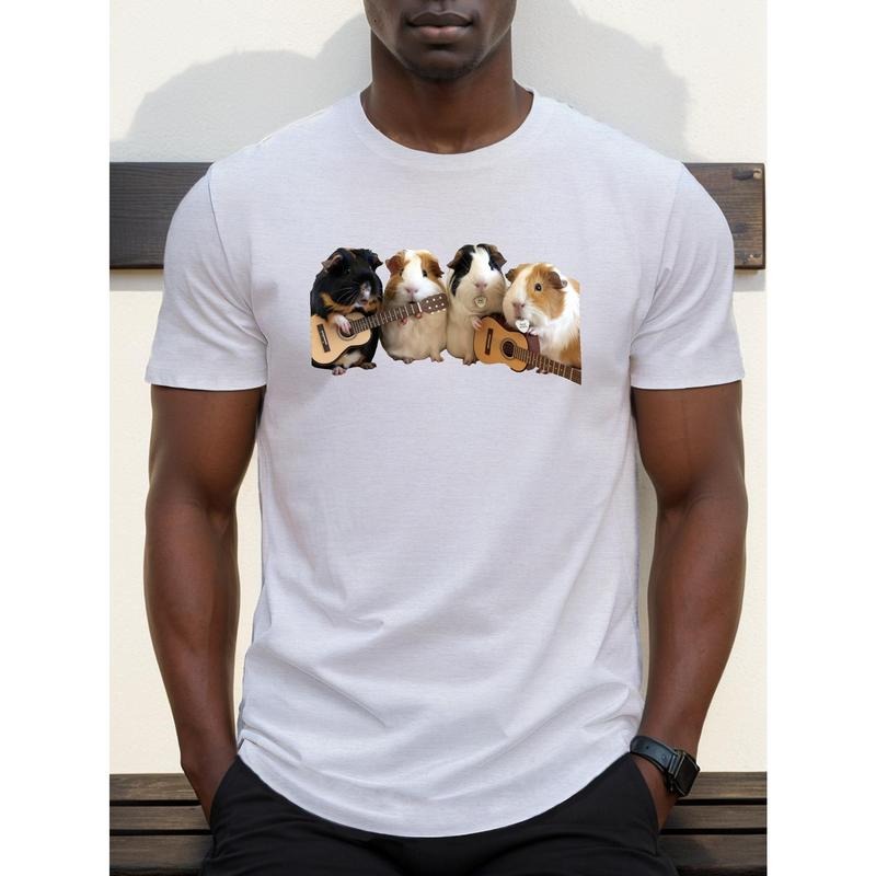 Men's Polyester Crew Neck T-Shirt with Guinea Pigs Playing Guitars Print, Geometric-Patterned Casual Knit Fabric Tee with...