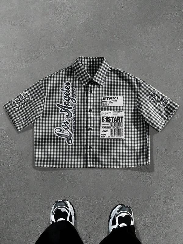 Men's Regular " Los Angeles " Print Short Sleeve Shirt, Casual Retro Gingham Shirt for Daily Wear, Fashion Men's Top for...