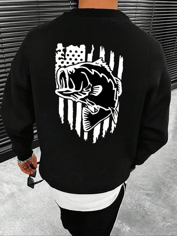 Men's Regular Fit Fish Print Drop Shoulder Sweatshirt, Casual Comfy Long Sleeve Round Neck Pullover for Spring & Fall,...