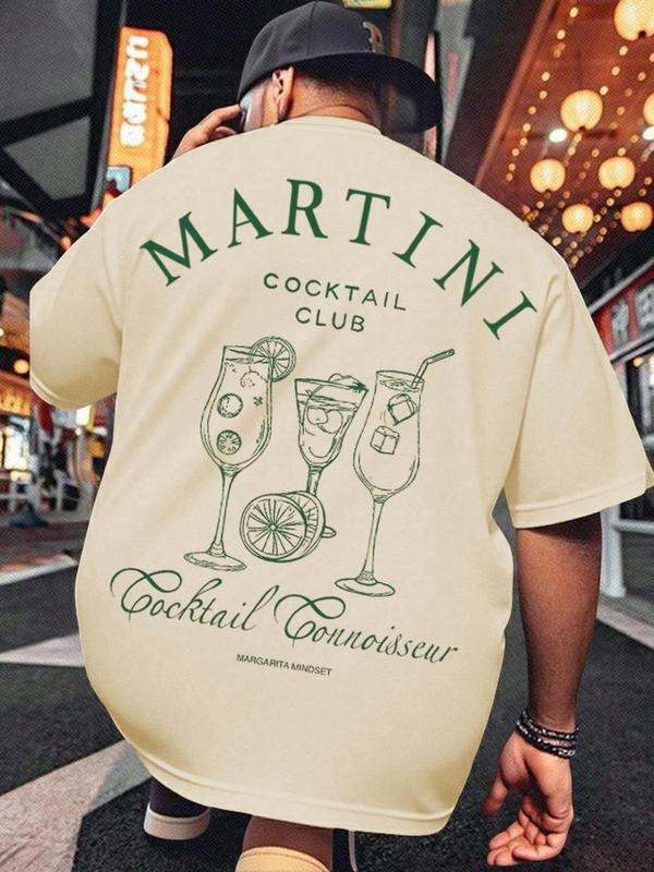 Men's Regular Fit Martini Print Round Neck Tee, Casual Short Sleeve Crew Neck T-shirt for Daily Wear, Men's Top for...