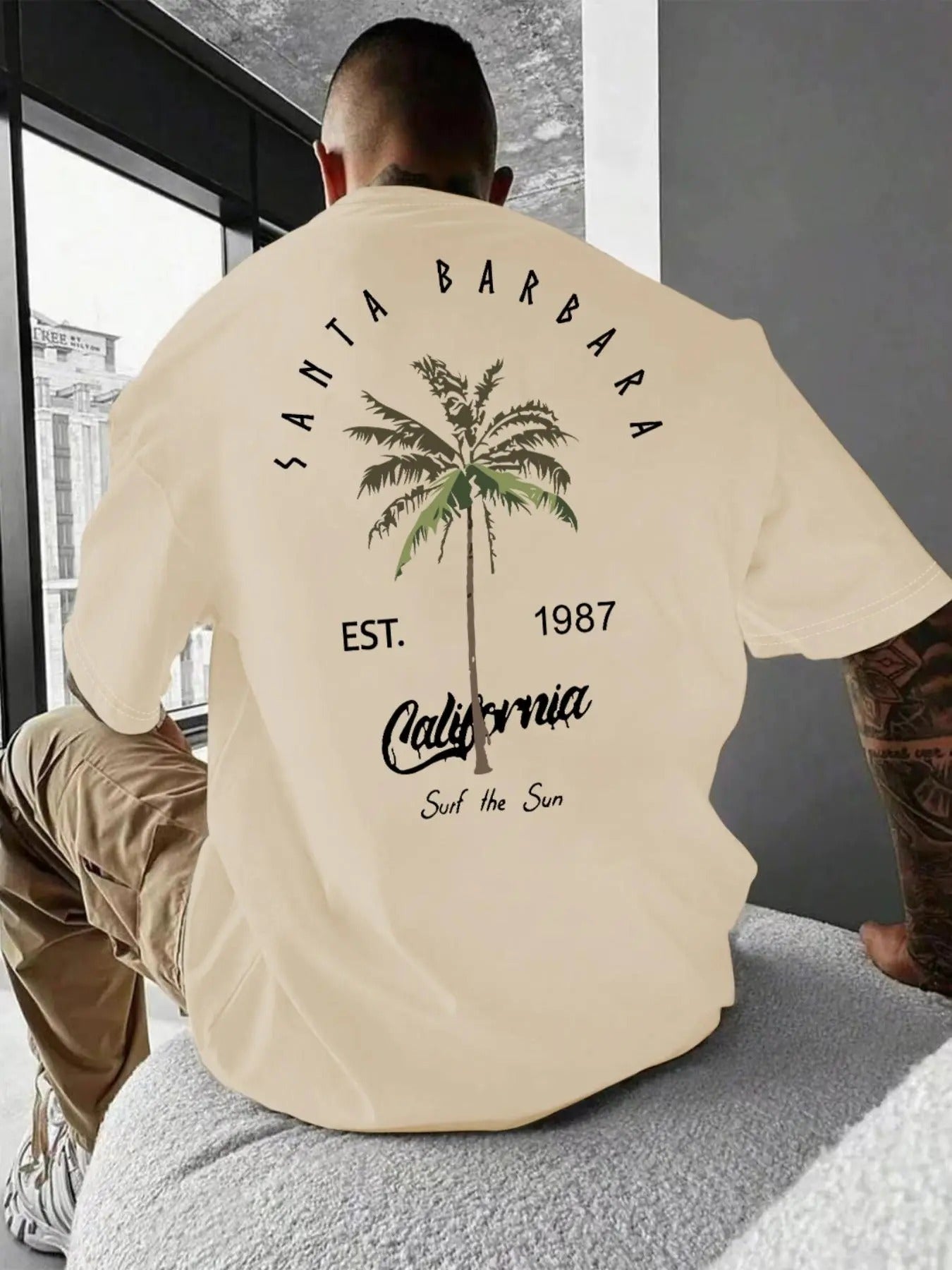 Men's Regular Fit Palm Tree & Letter Print Round Neck Tee, Casual Short Sleeve Crew Neck T-shirt for Summer, Fashion...
