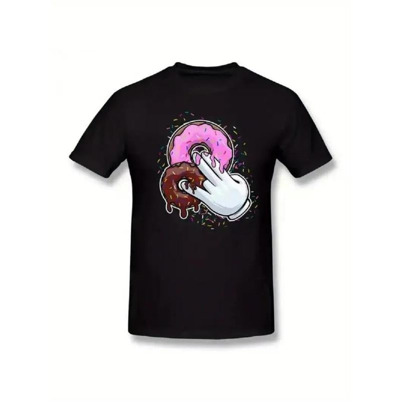 Men's Retro Donut Print T-Shirt - 100% Cotton, Crew Neck, Short Sleeve Casual Tee for All Seasons