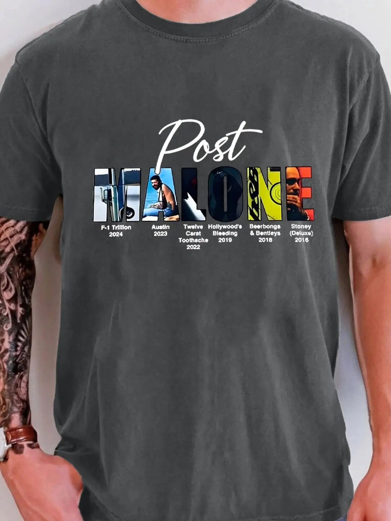 Men's Retro Post Malone Graphic Print Round Neck Tee, 90s Style Regular Fit Casual Short Sleeve Crew Neck T-shirt for...