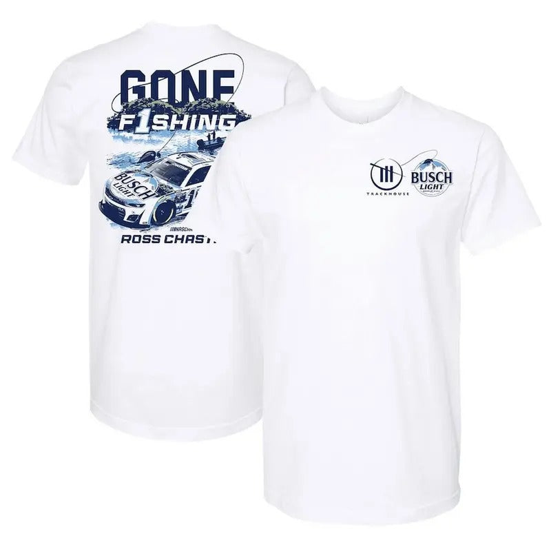 Men's Ross Chastain Trackhouse Racing Team Collection White Gone Fishing Busch Light T-Shirt,T Shirt For Men, shirt...