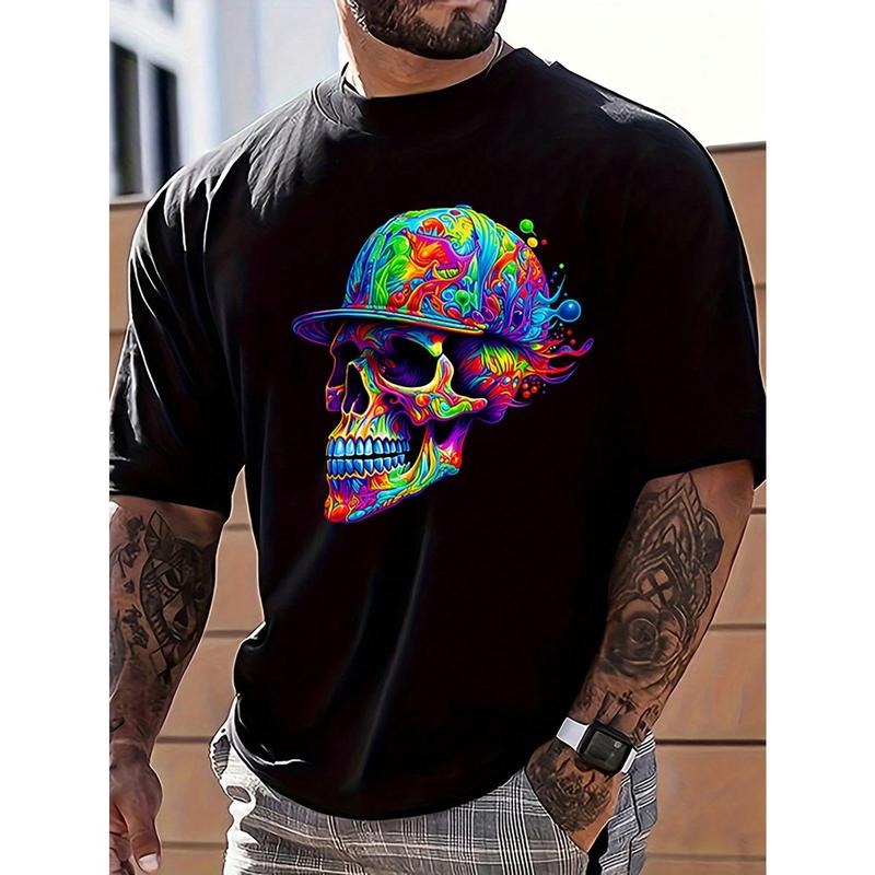 Men's Skull Print Round Neck Short Sleeve Casual T-Shirt, Summer Made in USA Hoodie, Sweatshirt | TeeBloomCo.com