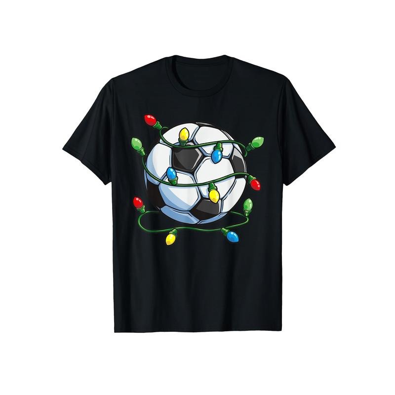 Men's Soccer Christmas Lights Graphic Tee - Casual Cotton Short Sleeve T-Shirt, Breathable & Machine Washable, Crew Neck,...