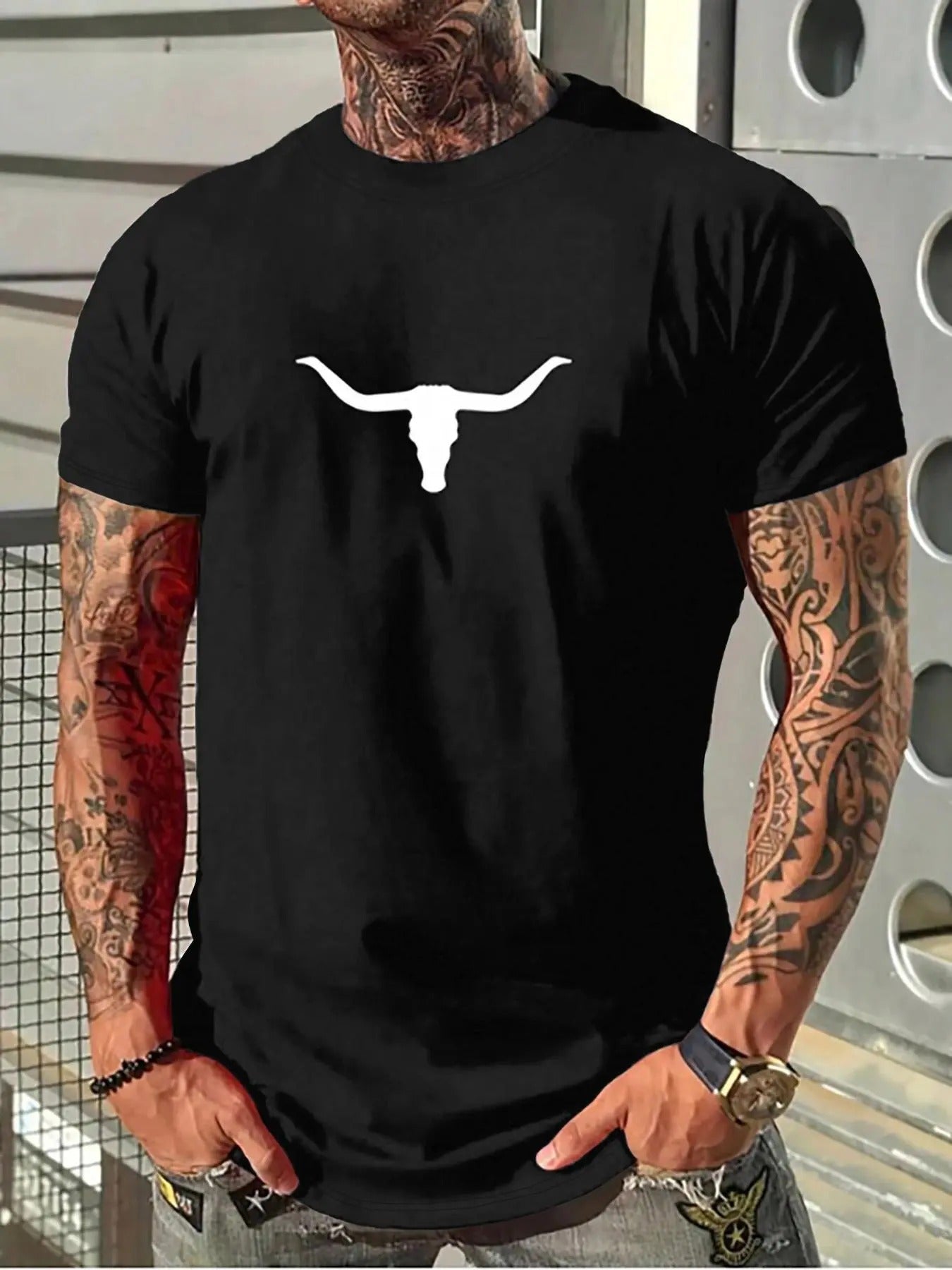 Men's Solid Color Bull Head Print Round Neck Tee, Regular Fit Casual Short Sleeve Crew Neck T-shirt for Daily Wear,...