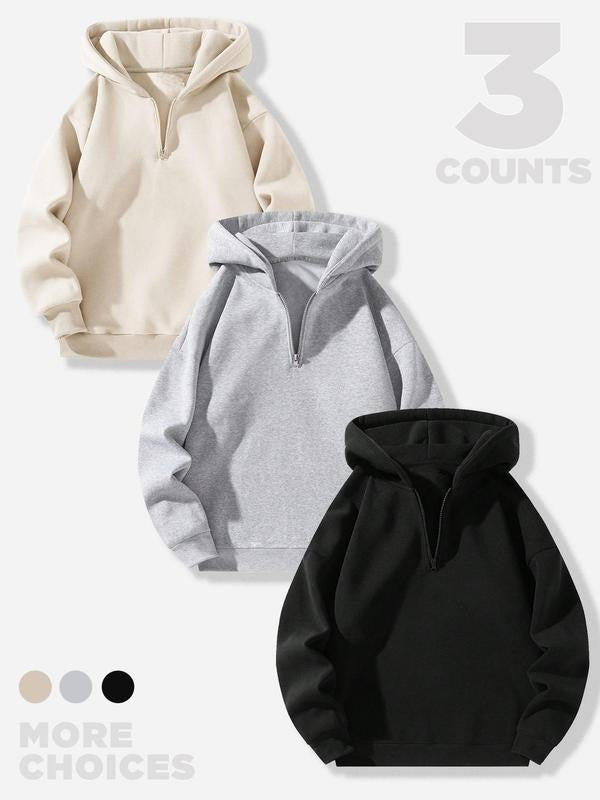 Men's Solid Drop Shoulder Half Zip Hoodie, Casual Regular Fit Pocket Hooded Sweatshirt for Daily Wear, Men's Clothes for...