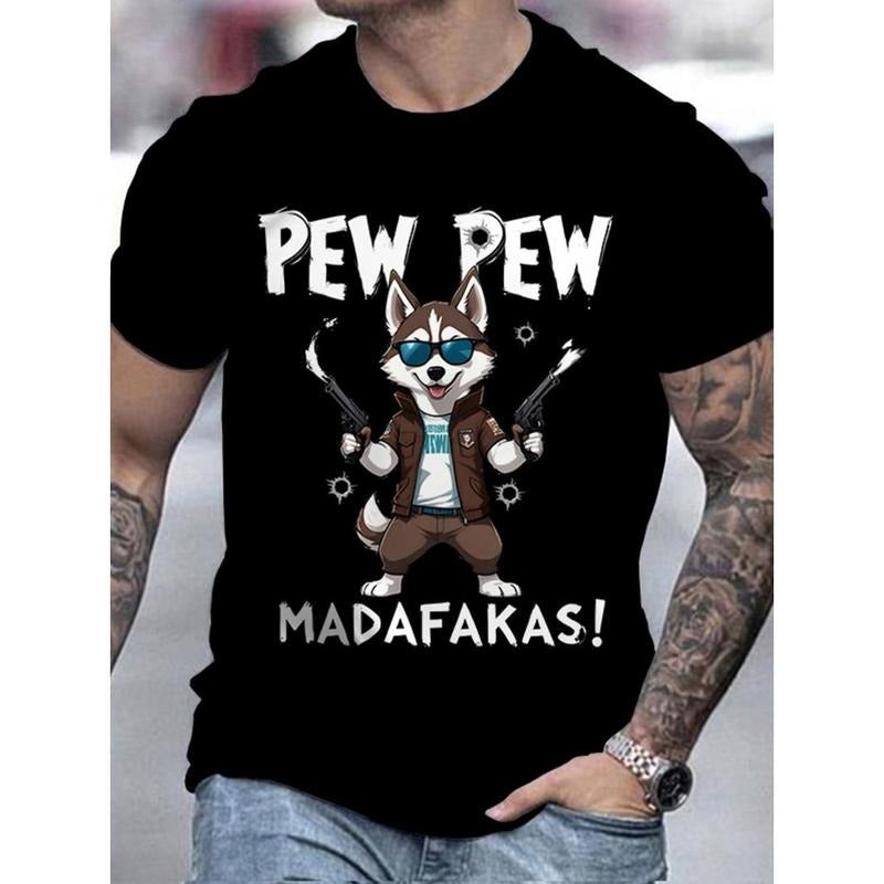 Men's Sports T-Shirt with Husky Dog Cartoon & Pew Pew Meme, Crew Neck Short Sleeve Regular Fit, Breathable Activewear for...