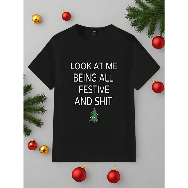 Men's Summer Casual Everyday Slogan And Christmas Tree Graphic Short Sleeve T-Shirt Made in USA Hoodie, Sweatshirt