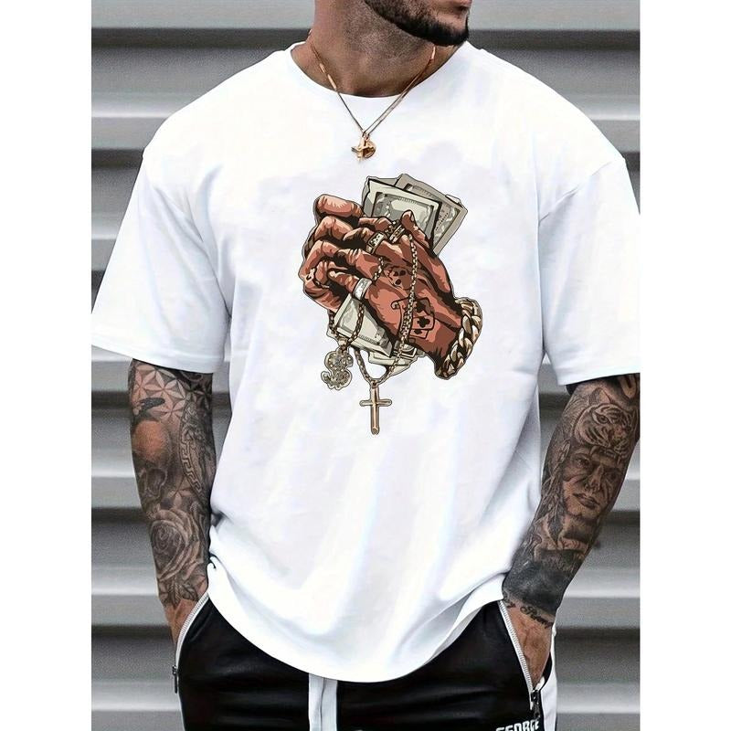 Men's Summer Casual Hand Gesture Cross Print Short Sleeve T-Shirt Made in USA Hoodie, Sweatshirt | TeeBloomCo.com