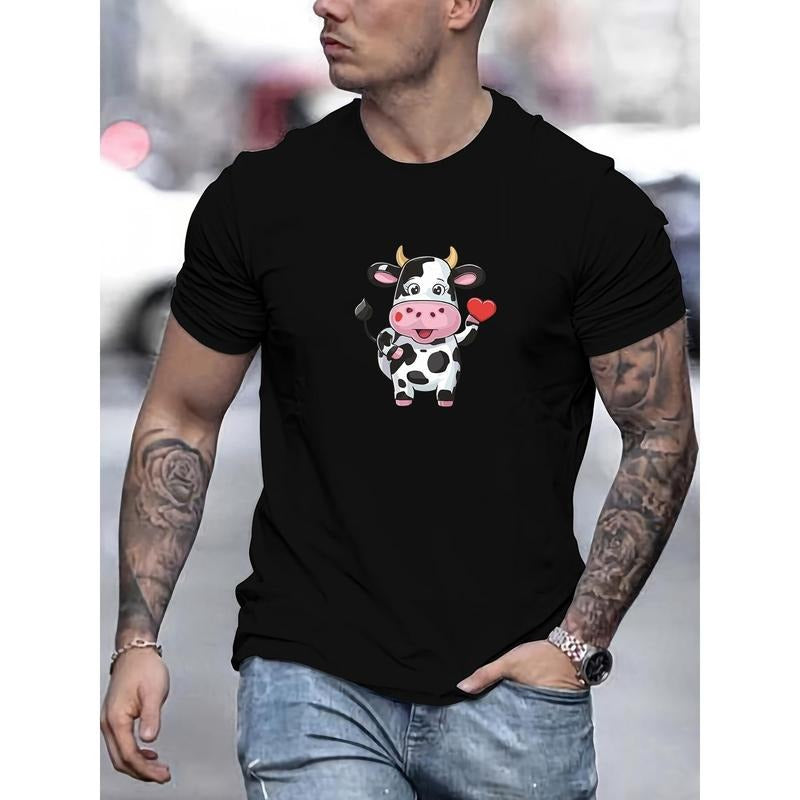 Men's Summer Casual T-Shirt with Cute Cow & Heart Design