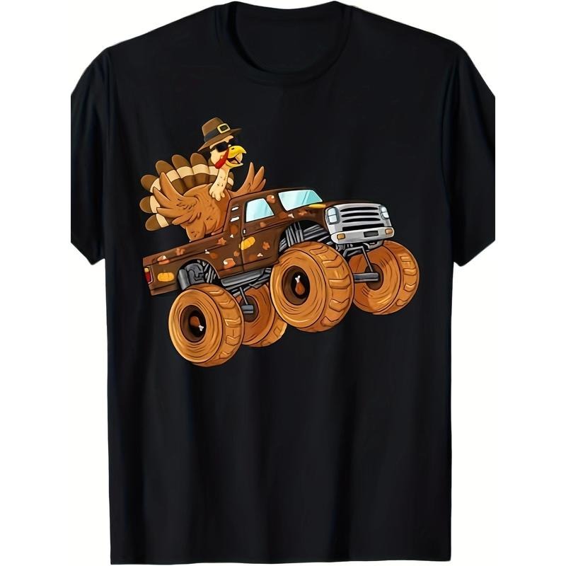 Men's T-shirt With Thanksgiving Turkey Riding A Monster Truck - 220g 100% Cotton T-shirt made in usa Hoodie, Sweatshirt